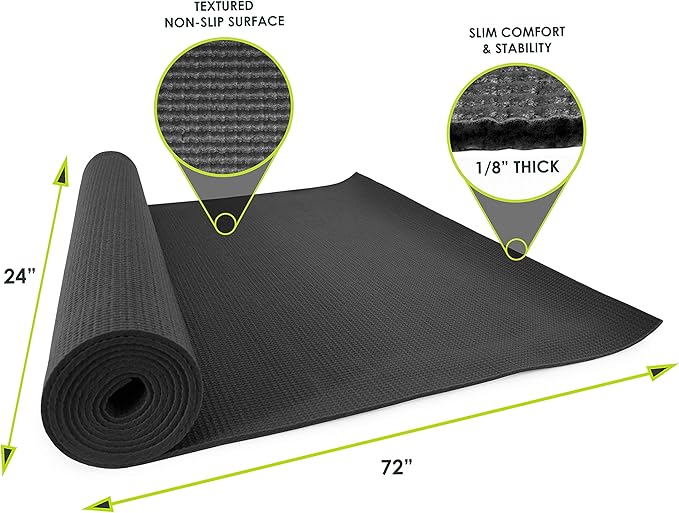 Classic Yoga Mat 1/8” (3mm) Thick, Extra Long 72-Inch Lightweight Fitness Mat with Non-Slip Grip for Yoga, Pilates, Exercise
