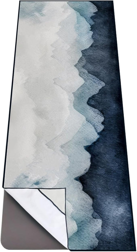 Yoga Mat Towel with Corner Pockets, Non Slip Sweat Absorbent Hot Yoga Towels, Soft Yoga Blankets with Travel Bag, Skidless Mat Cover for Workout, Gym, Fitness - 70"x26", Watercolor Mountain