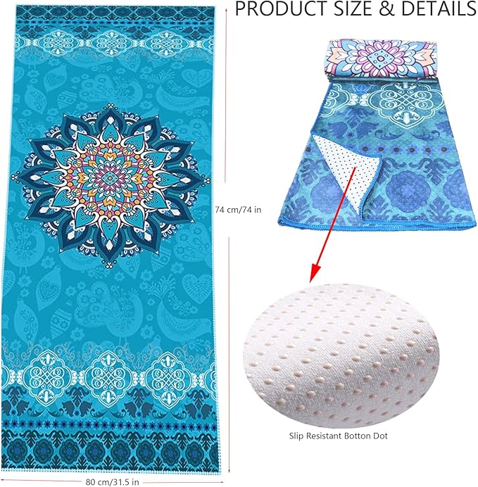 EXERCISE Large Yoga Towel74 L x 27.5" W Rubber Grip Dots Bottom Non Slip Yoga Mat Towel for Hot Yoga Pilates and Workout